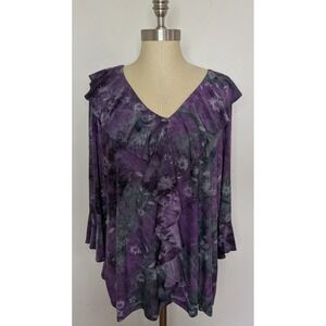 Dress Barn Size 1X Whimsigoth Boho Y2K Bell Sleeve Top Purple Floral Shimmer
